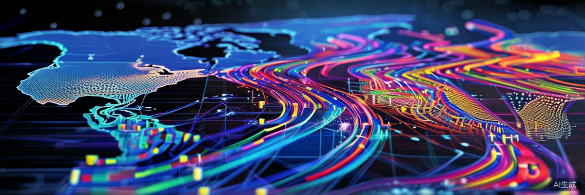 宏观视角下的全球贸易网络可视化图，展示数据流、货物流与资金流在全球节点间的动态连接