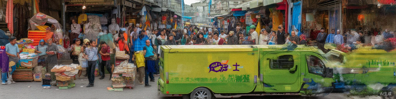 品牌本土化建设场景图，包含融入当地文化的产品包装、本地流行的支付方式图标和正在配送的物流车辆