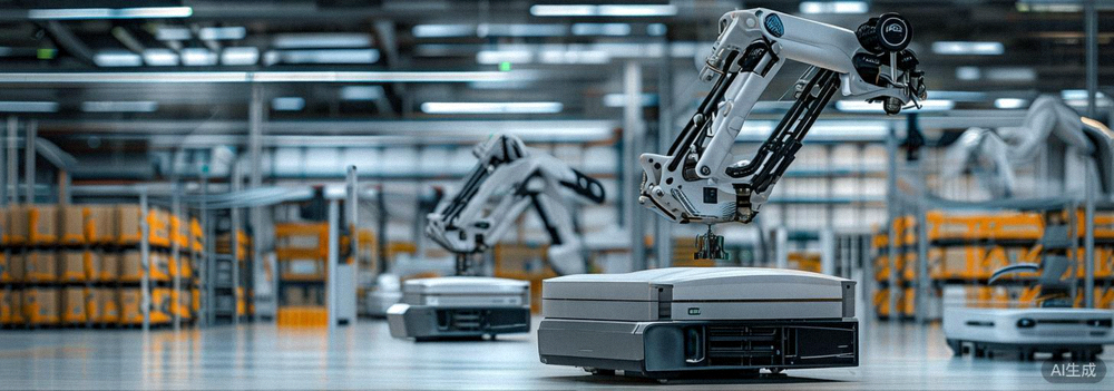 现代化智能仓储中心内，自动导引运输车AGV与机械臂协同作业，实现高效分拣与物流管理