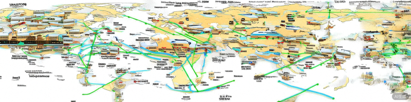 亚马逊全球市场与物流网络示意图，展示其FBA仓库和配送体系
