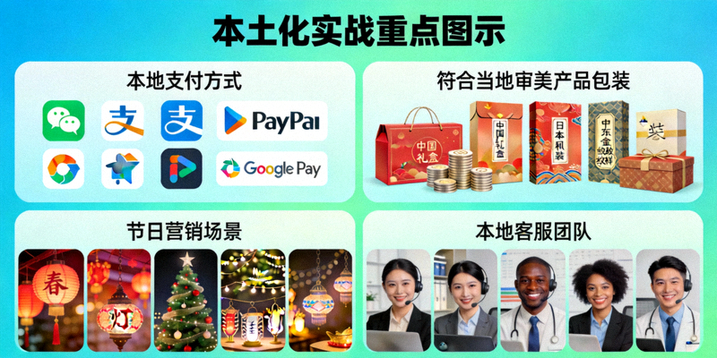 本土化实战重点图示：包含本地支付方式图标、节日营销场景、符合当地审美的产品包装、本地客服团队