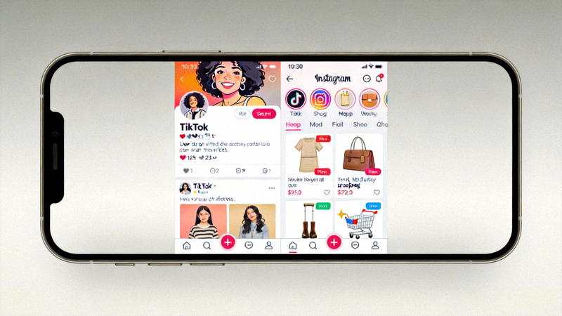 社交电商融合场景图，展示手机屏幕上同时出现社交媒体动态与商品购物界面，如TikTok、Instagram购物功能