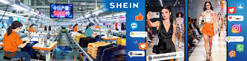 SHEIN服装生产线与时尚模特图，展示其超快时尚供应链与社交媒体营销