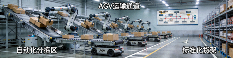 亚马逊FBA仓库内部自动化物流场景，展示其重资产与标准化的运营模式