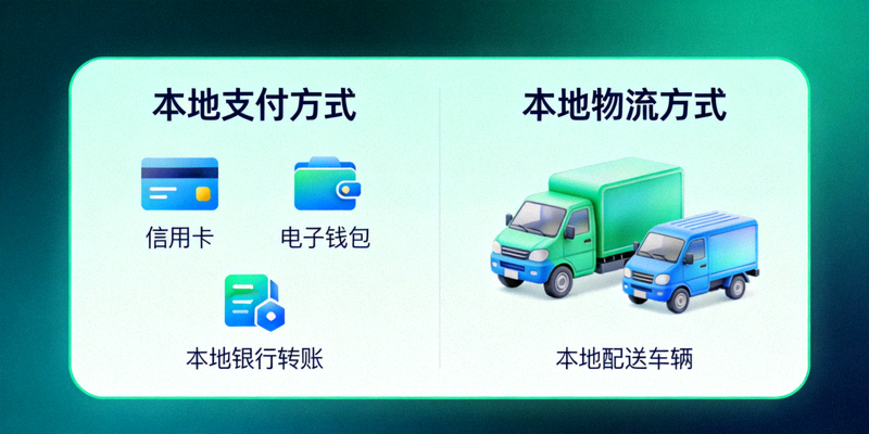 本地支付与物流方式选择示意图，展示信用卡、电子钱包、本地银行转账等多种支付图标及物流车辆