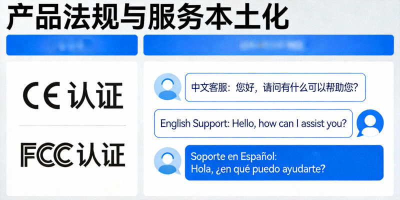 产品法规与服务本土化概念图，展示CE、FCC等认证标志及多语言客服对话界面