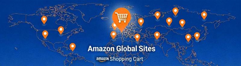 Amazon亚马逊全球站点地图与购物车图标，代表巨型综合性电商平台