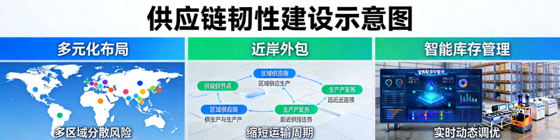 供应链韧性建设示意图，展示多元化布局、近岸外包与智能库存管理