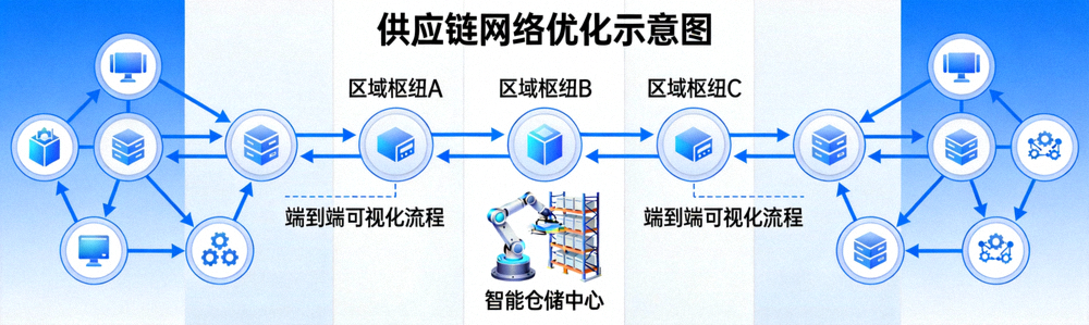 供应链网络优化示意图，展示多枢纽、智能仓储与端到端可视化