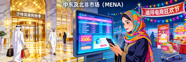 中东及北非市场（MENA）场景，展示沙特、阿联酋的奢华购物与电商节庆