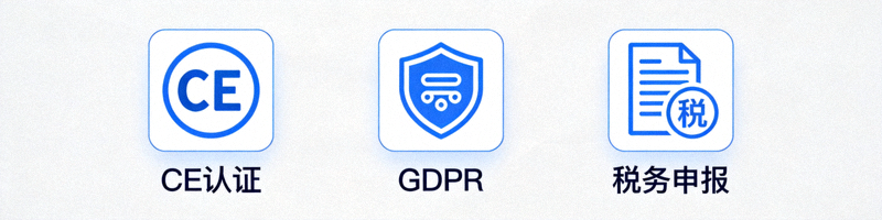 合规性文件图标，如CE认证、GDPR、税务申报等