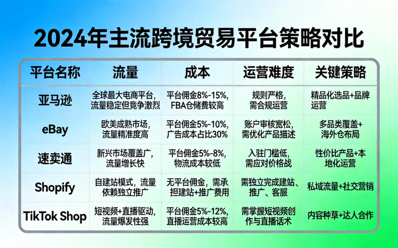 2024年主流跨境贸易平台策略对比表格，涵盖亚马逊、eBay、速卖通、Shopify和TikTok Shop在流量、成本、运营难度等方面的详细对比